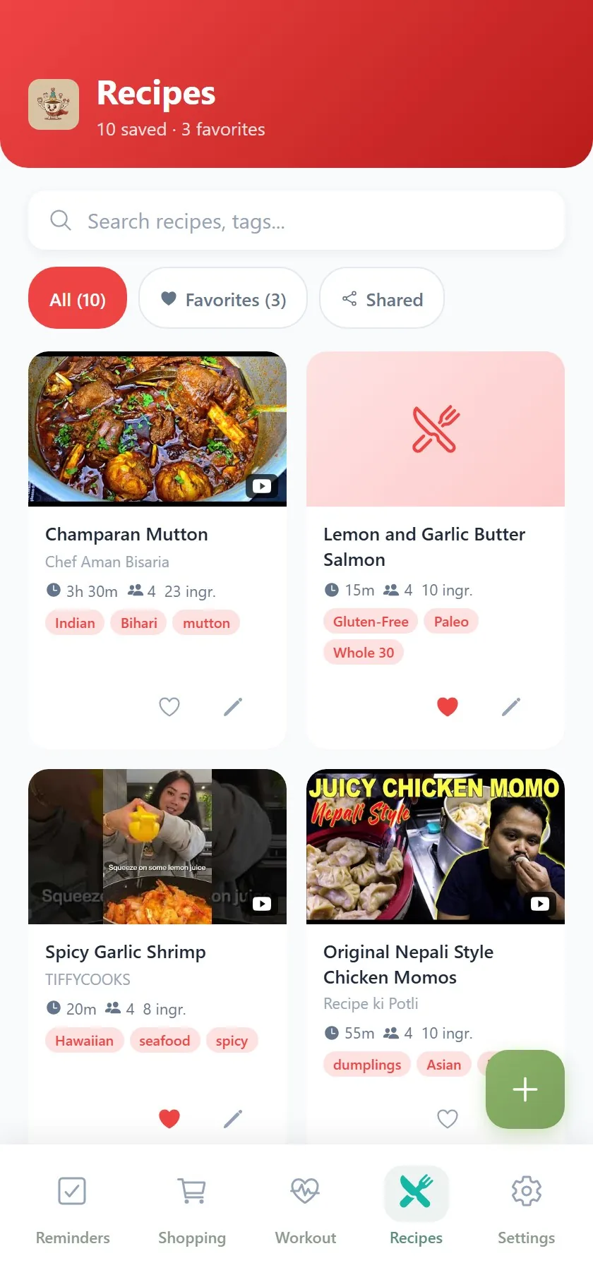 Recipe library with YouTube extractions