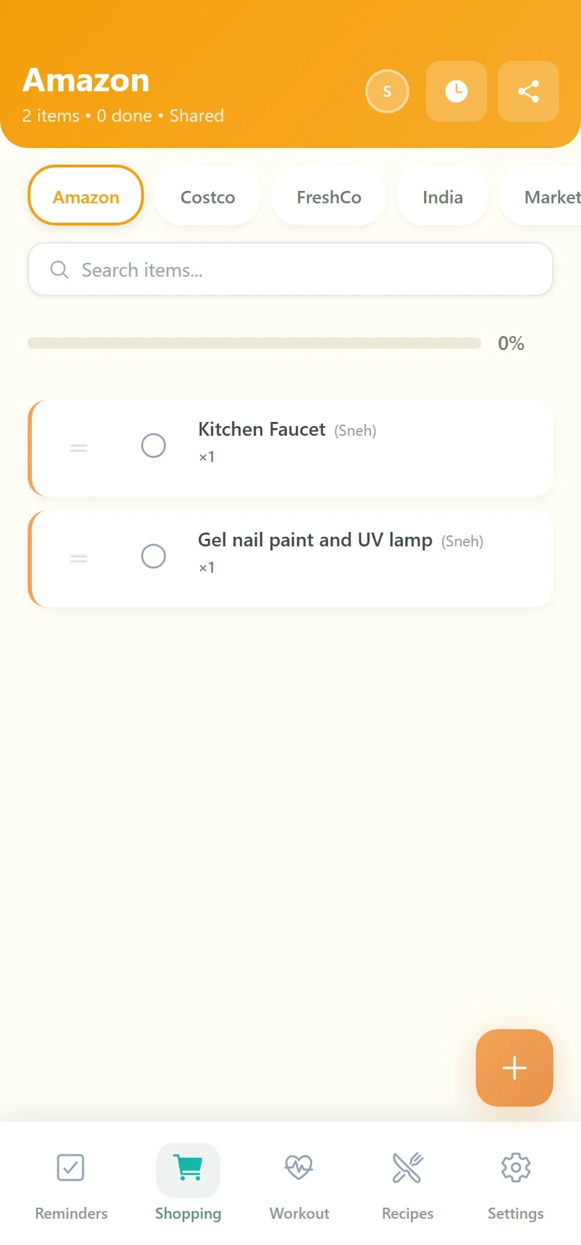 Shopping list shared with family member