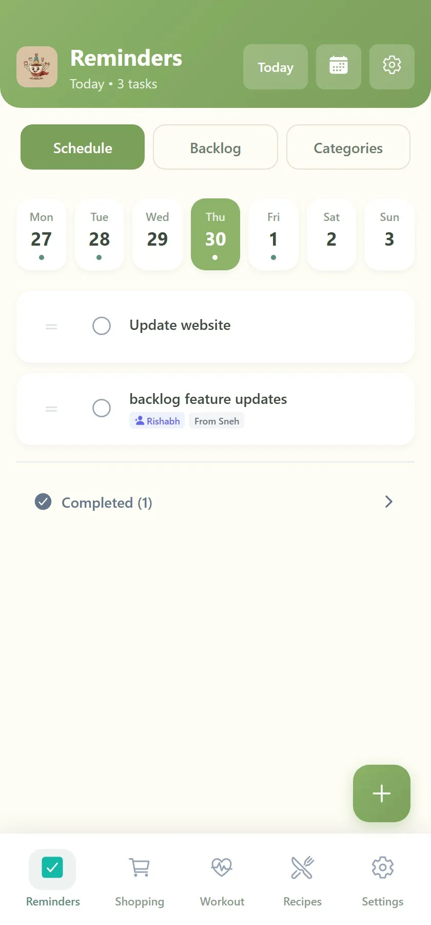 Reminders module — calendar strip with shared task
