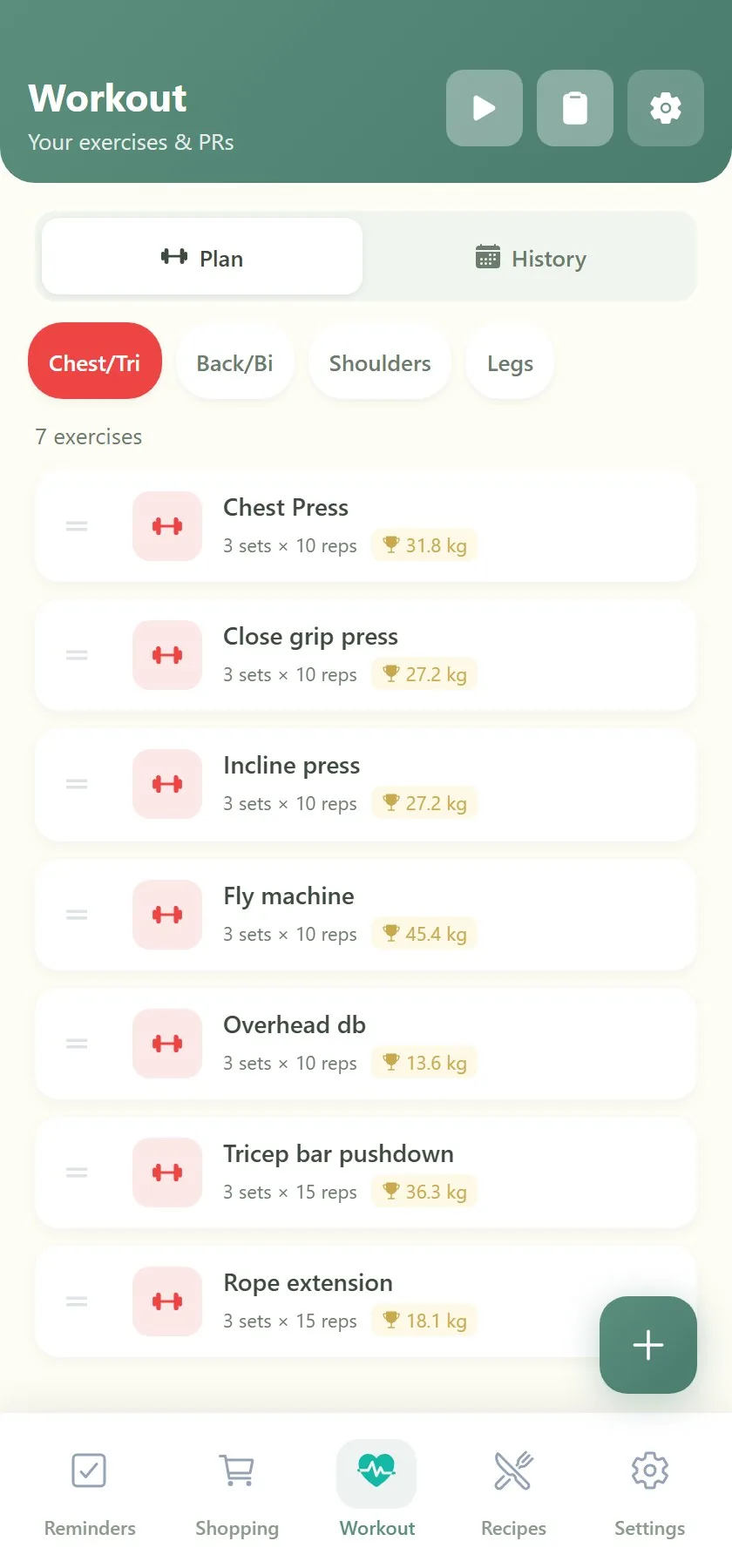 Workout planner with PR tracking